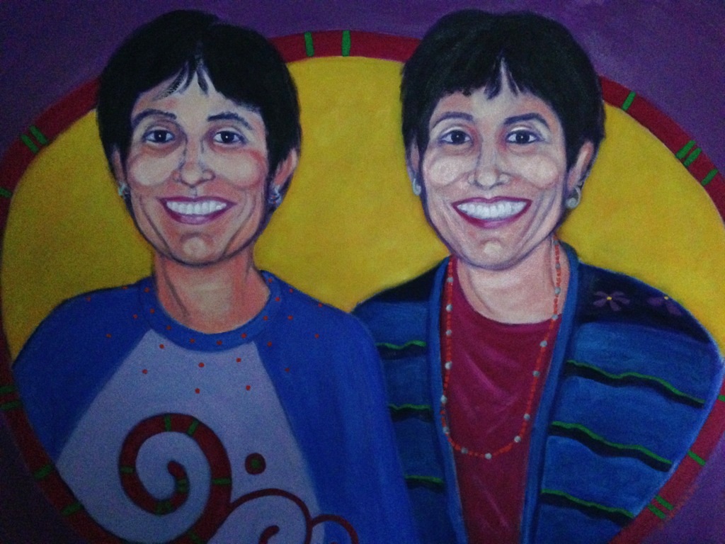 Folk art painting of two women singing